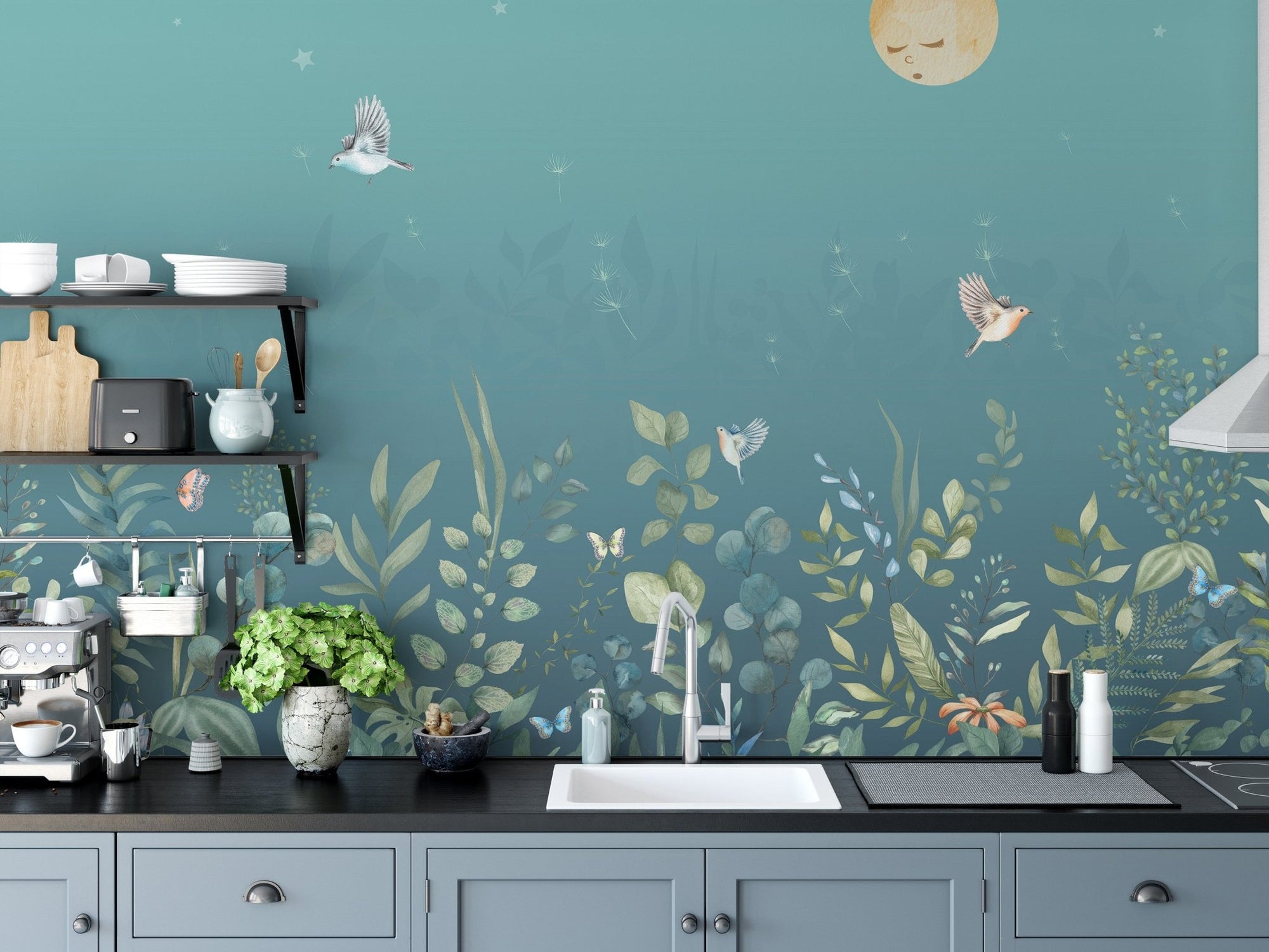 Moonlit botanical garden wall mural with watercolor teal leaves.