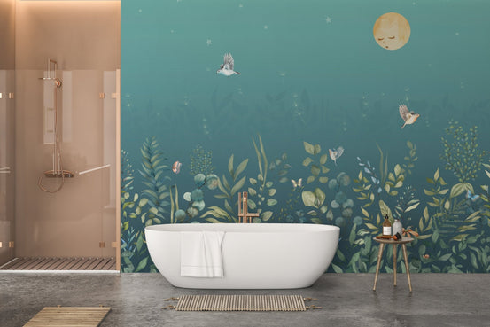 Night garden wall mural featuring soft green eucalyptus sprigs.
