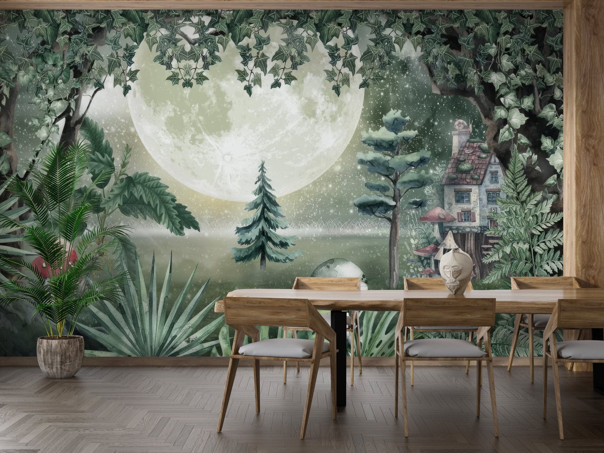 Moonlit fantasy wallpaper mural with full moon forest scene.