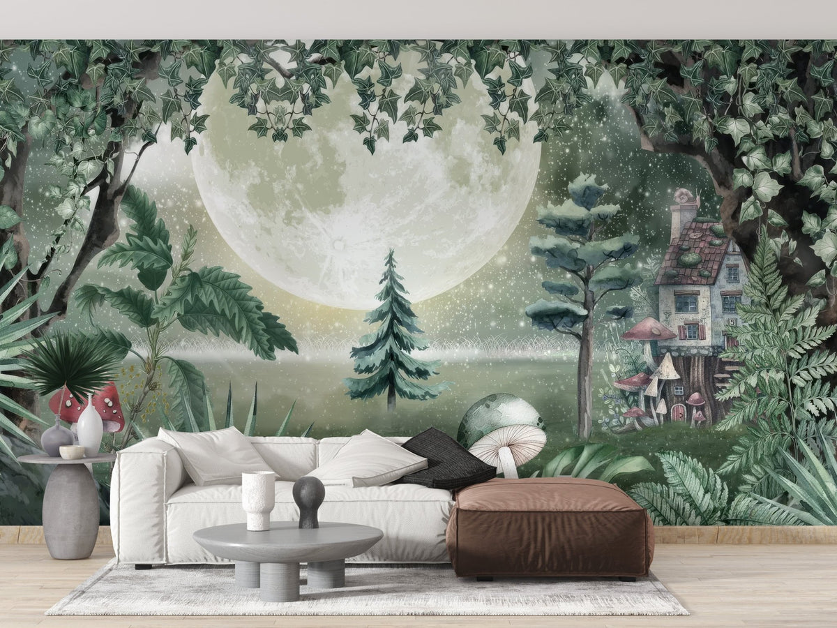Mystical moonlight wallpaper wall mural with cottage illustration.