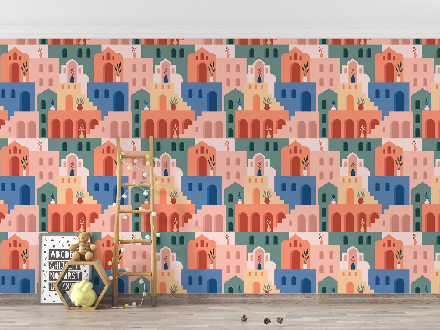 Moroccan streets wallpaper with Boho building patterns for kids play room.