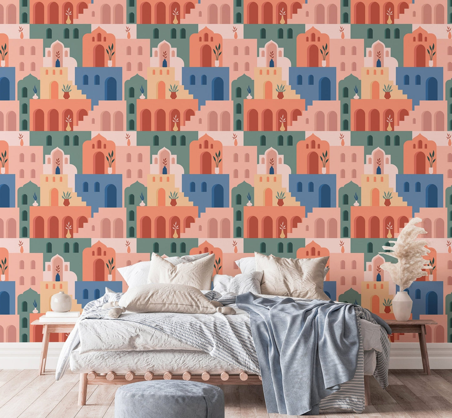 Oriental-inspired streets wallpaper with colorful buildings decor for bedroom.