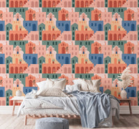 Oriental-inspired streets wallpaper with colorful buildings decor for bedroom.