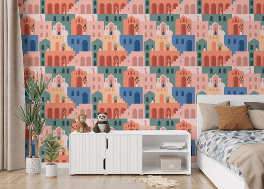 Moroccan Oriental Streets wallpaper in a modern bedroom with white bedding.