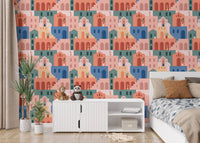 Moroccan Oriental Streets wallpaper in a modern bedroom with white bedding.