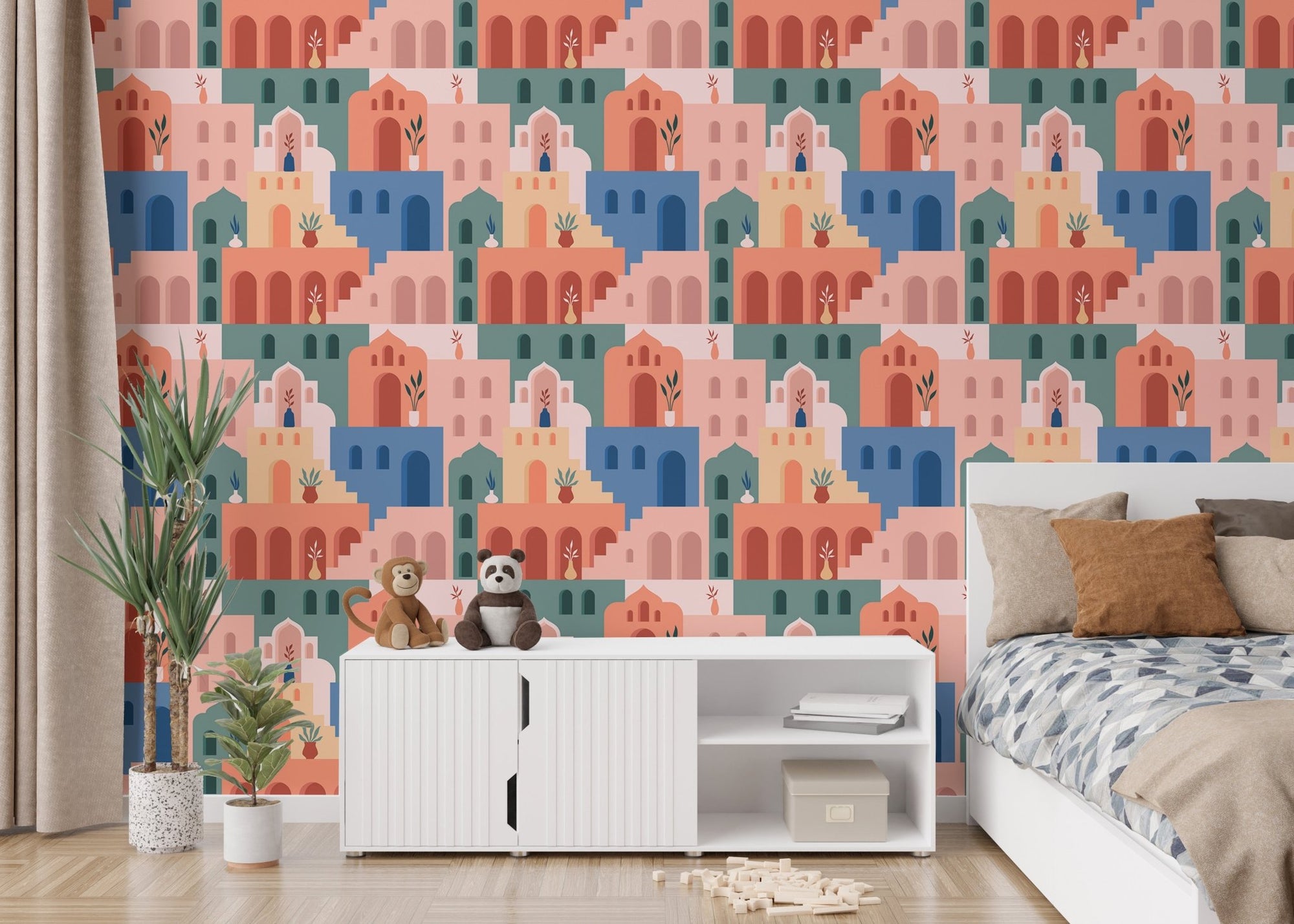 Moroccan Oriental Streets wallpaper in a modern bedroom with white bedding.