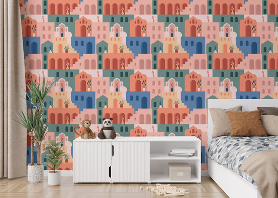 Moroccan Oriental Streets wallpaper in a modern bedroom with white bedding.