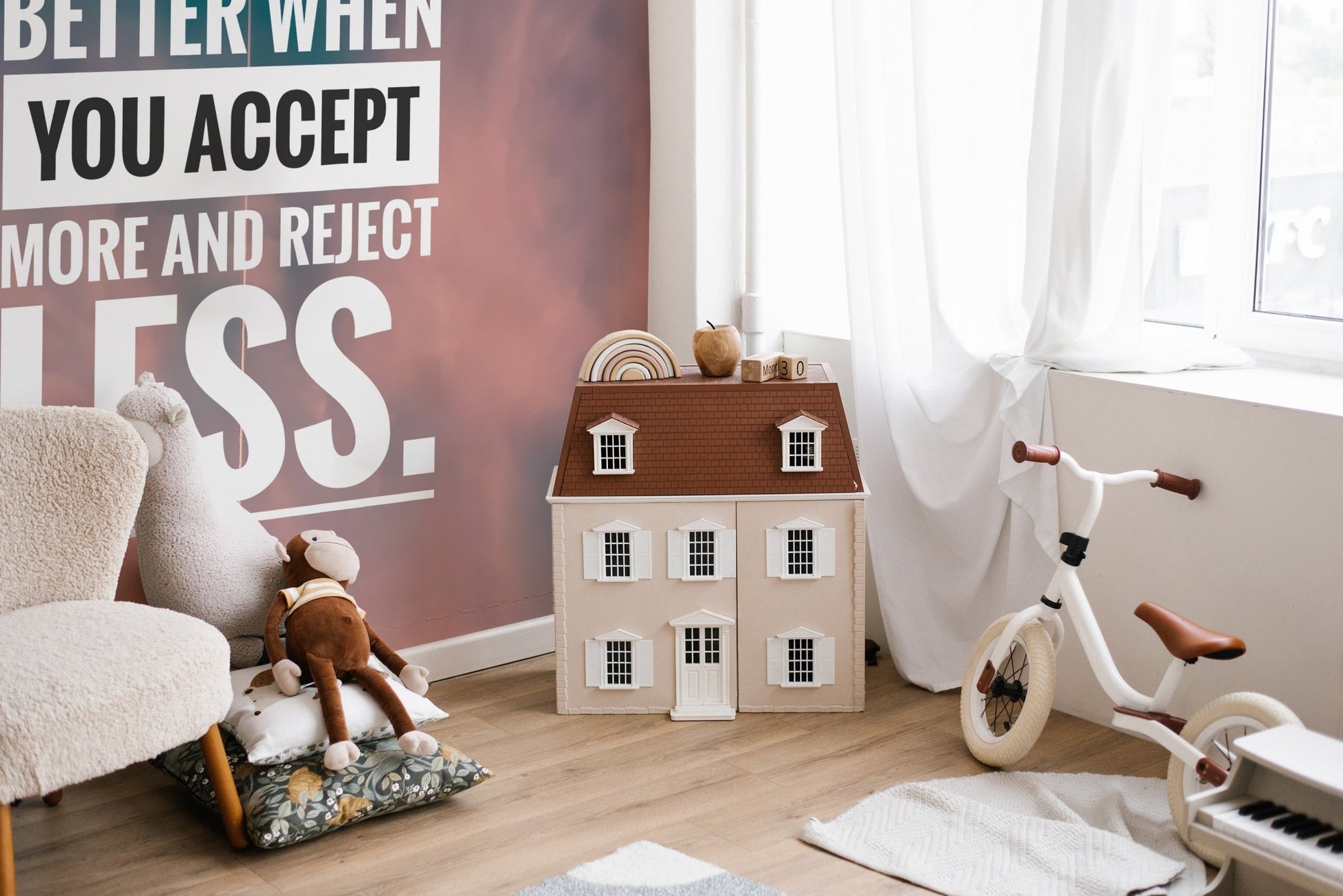 Bold affirmation wallpaper mural with soft sky color background.