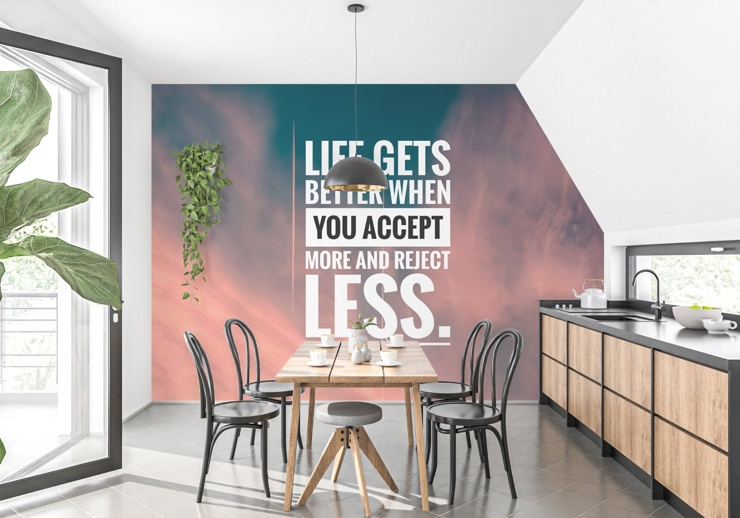 Artistic cloud backdrop wallpaper mural with strong message typography.