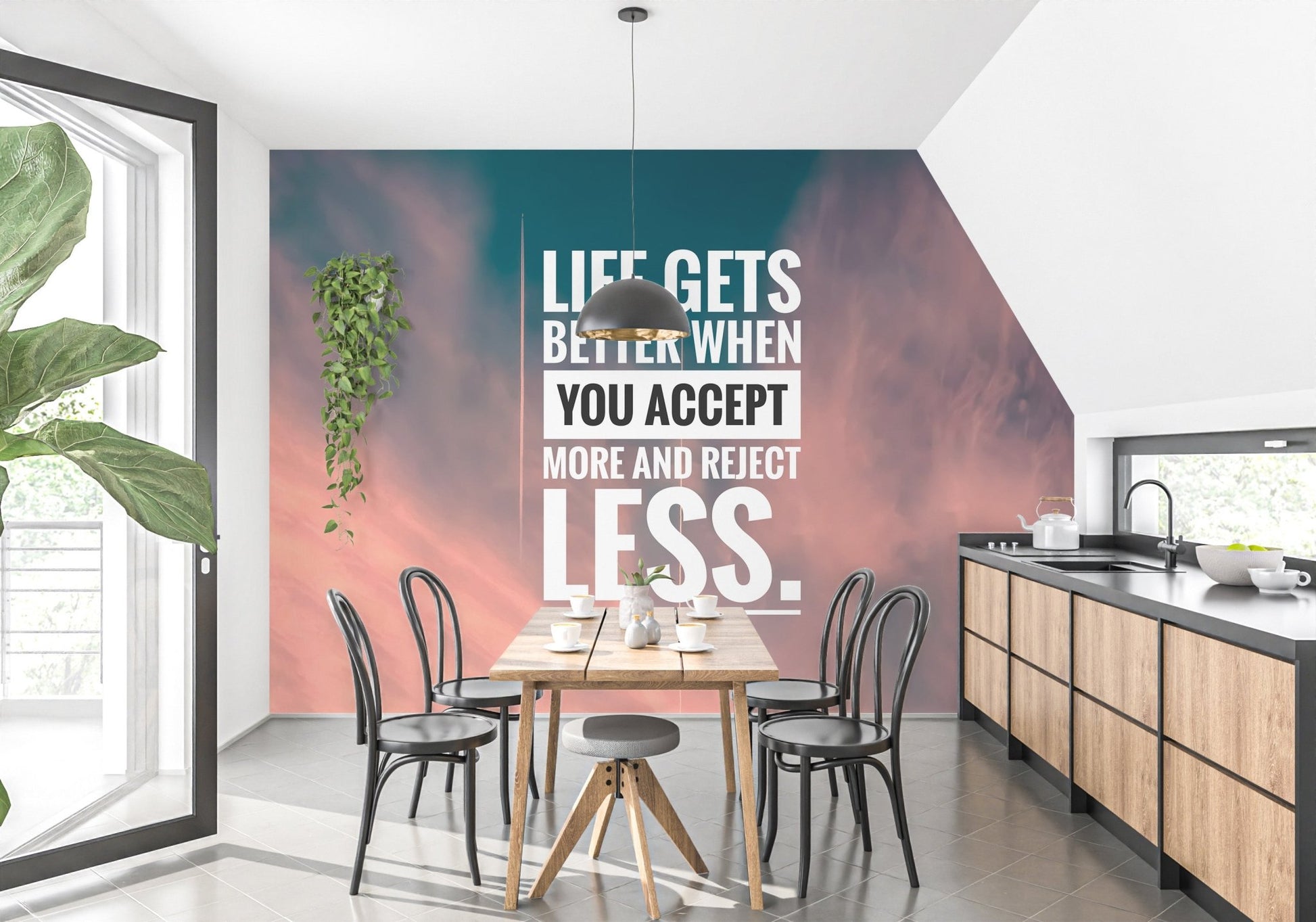 Artistic cloud backdrop wallpaper mural with strong message typography.