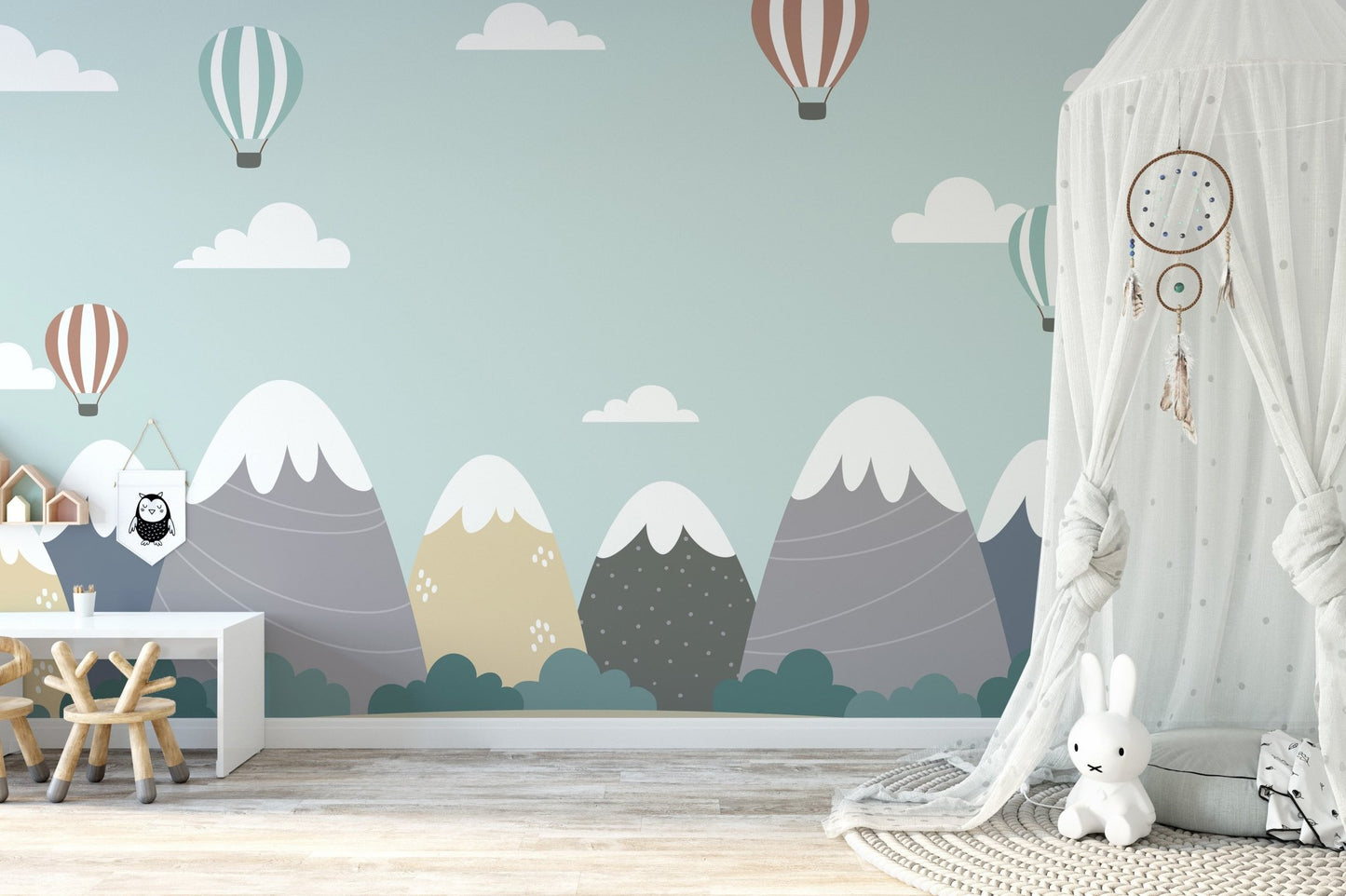 Large Mountain and Hot Air Balloons wall mural in a spacious play zone.