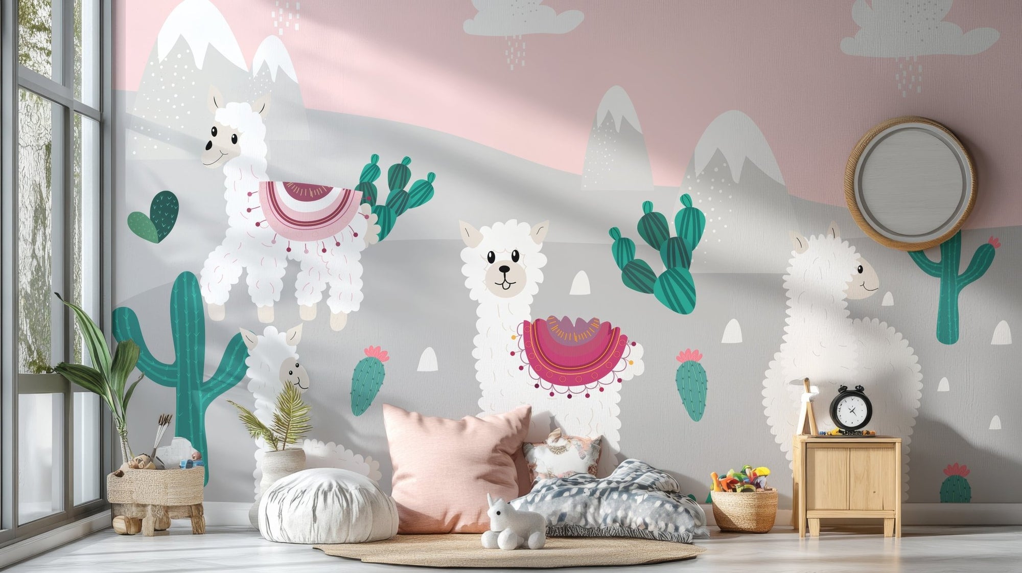 Mountain llamas wallpaper mural with white alpacas and pink sky.