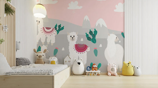 Cute hand-drawn style llama wallpaper for interior walls.