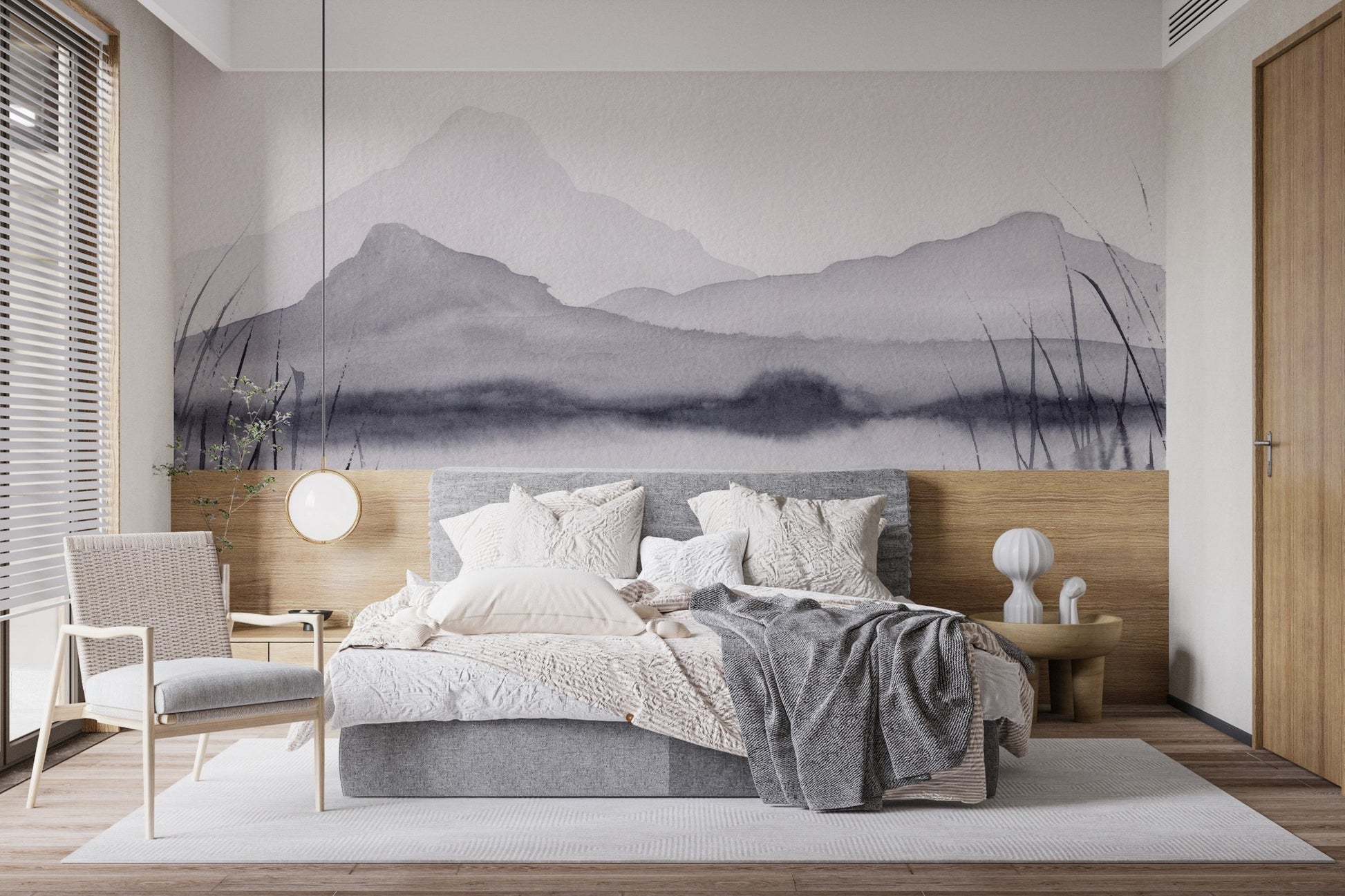 Captivating mural showcasing a tranquil mountain mirage in bedroom.
