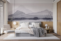 Captivating mural showcasing a tranquil mountain mirage in bedroom.
