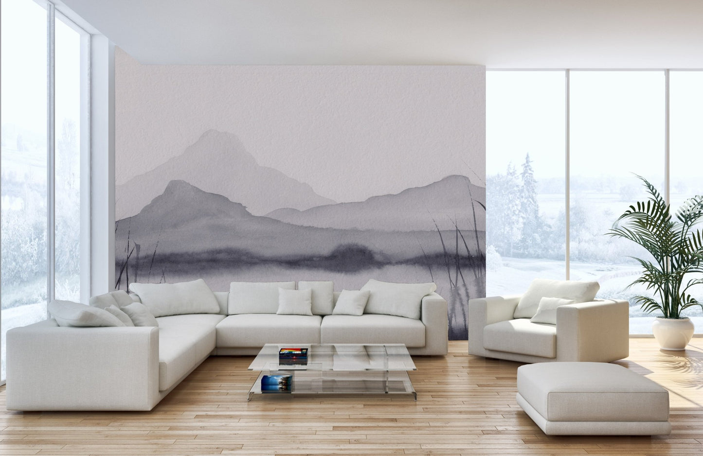 Mountain mirage wall mural featuring soft, ethereal landscapes in home office.
