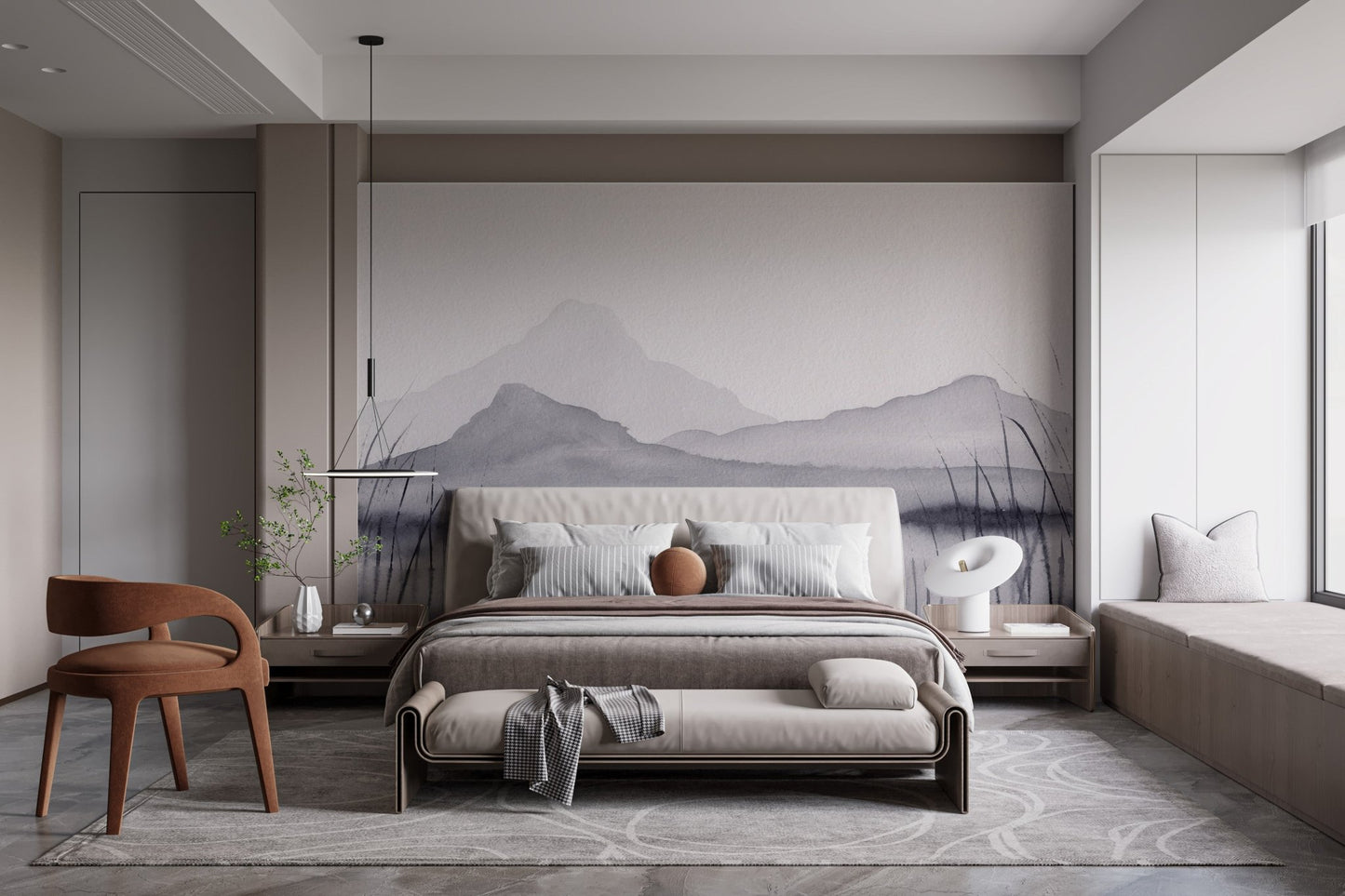 Scenic mural featuring a dreamy mountain mirage design in bright bedroom.
