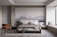 Scenic mural featuring a dreamy mountain mirage design in bright bedroom.

