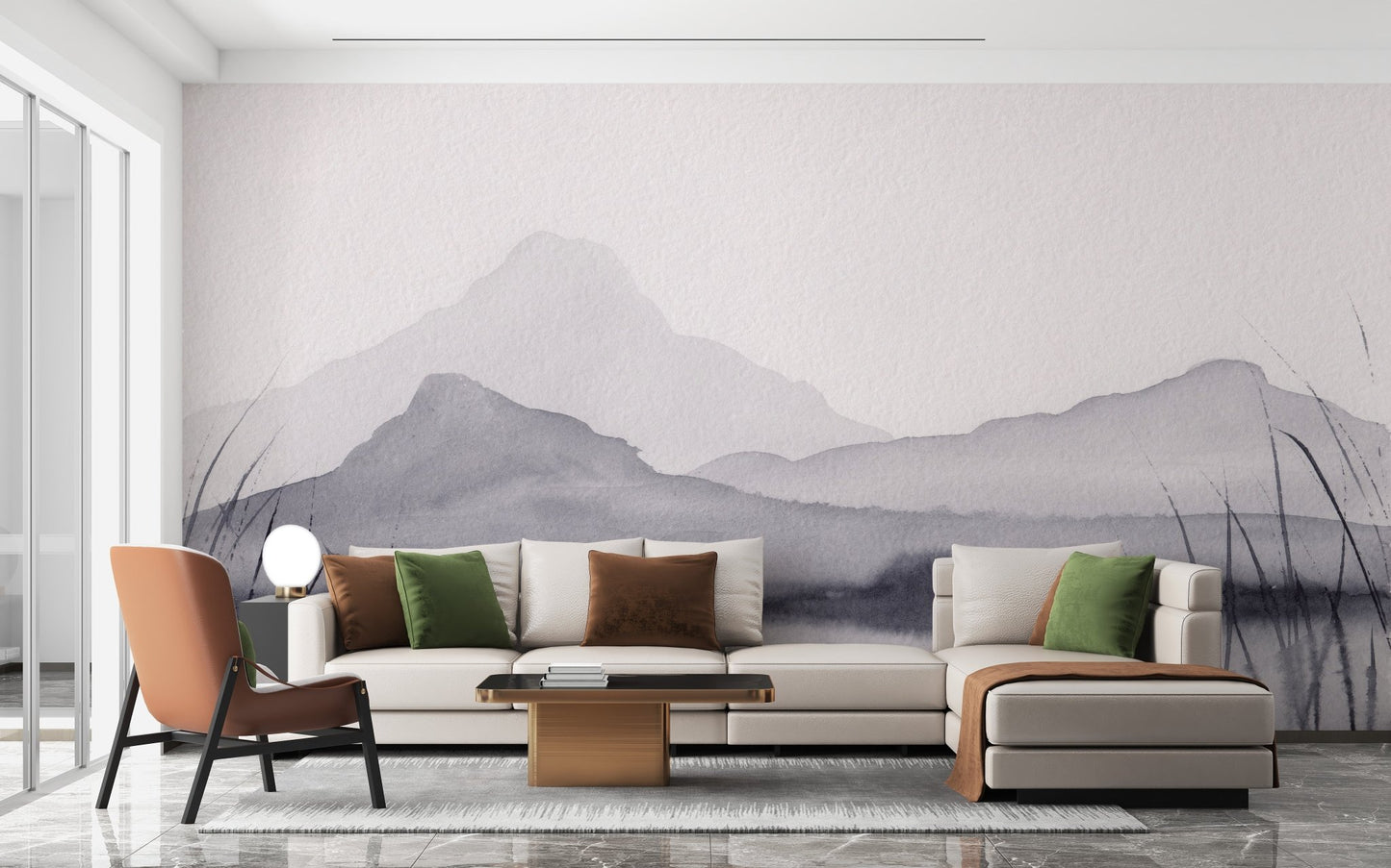 Tranquil mountain mirage mural for modern and natural spaces.

