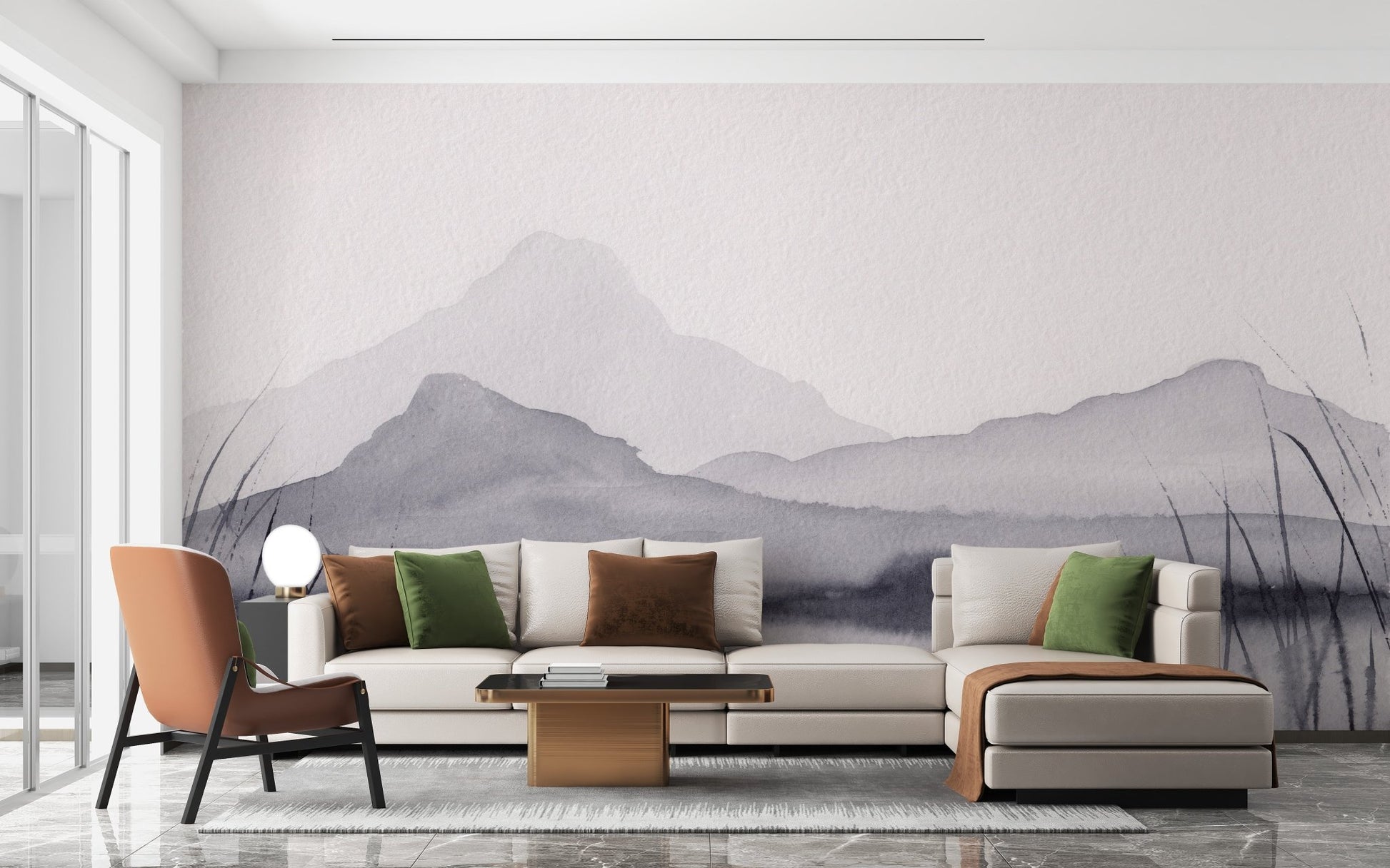 Tranquil mountain mirage mural for modern and natural spaces.
