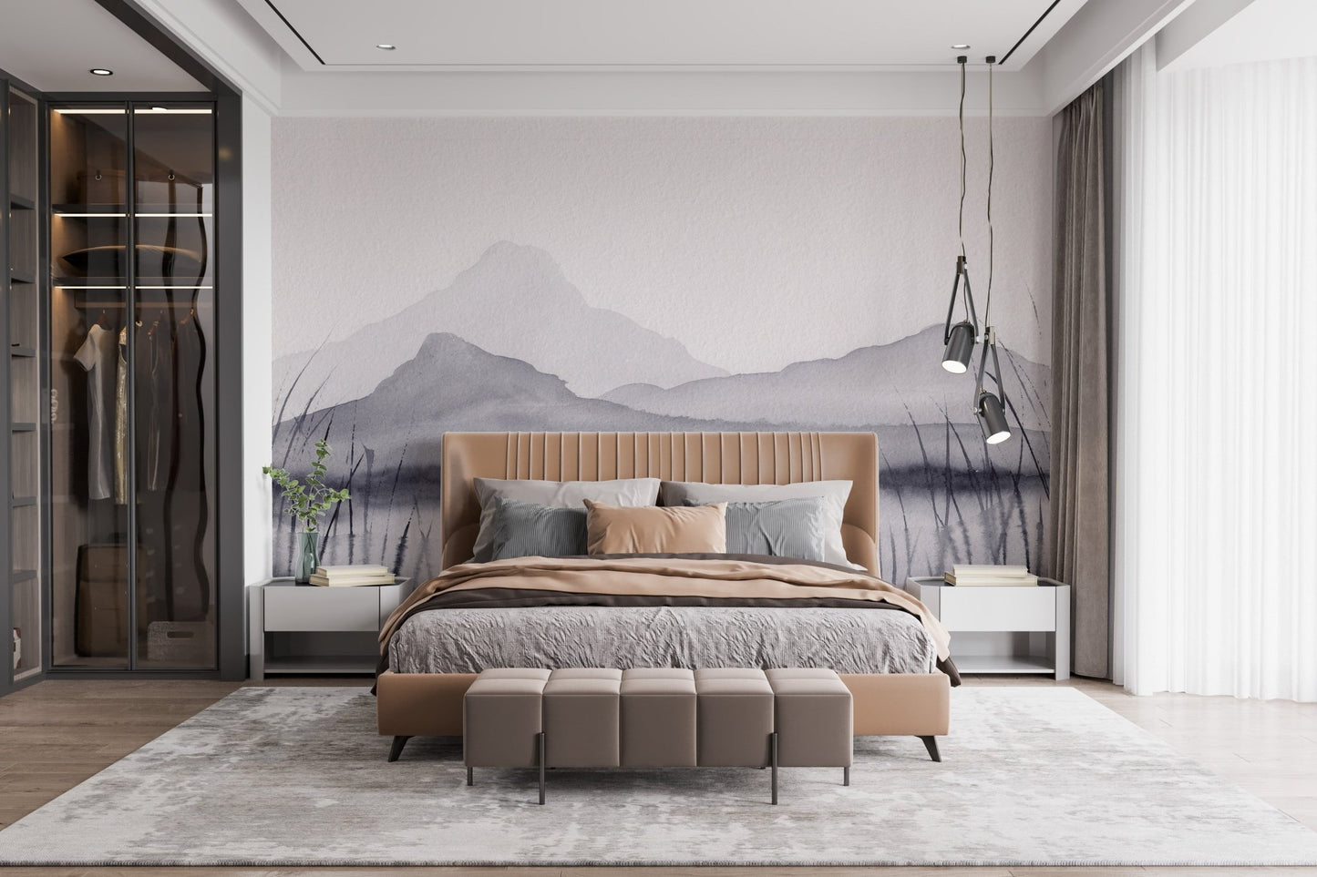 Mountain mirage wall mural creating a calming bedroom ambiance.
