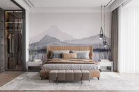 Mountain mirage wall mural creating a calming bedroom ambiance.
