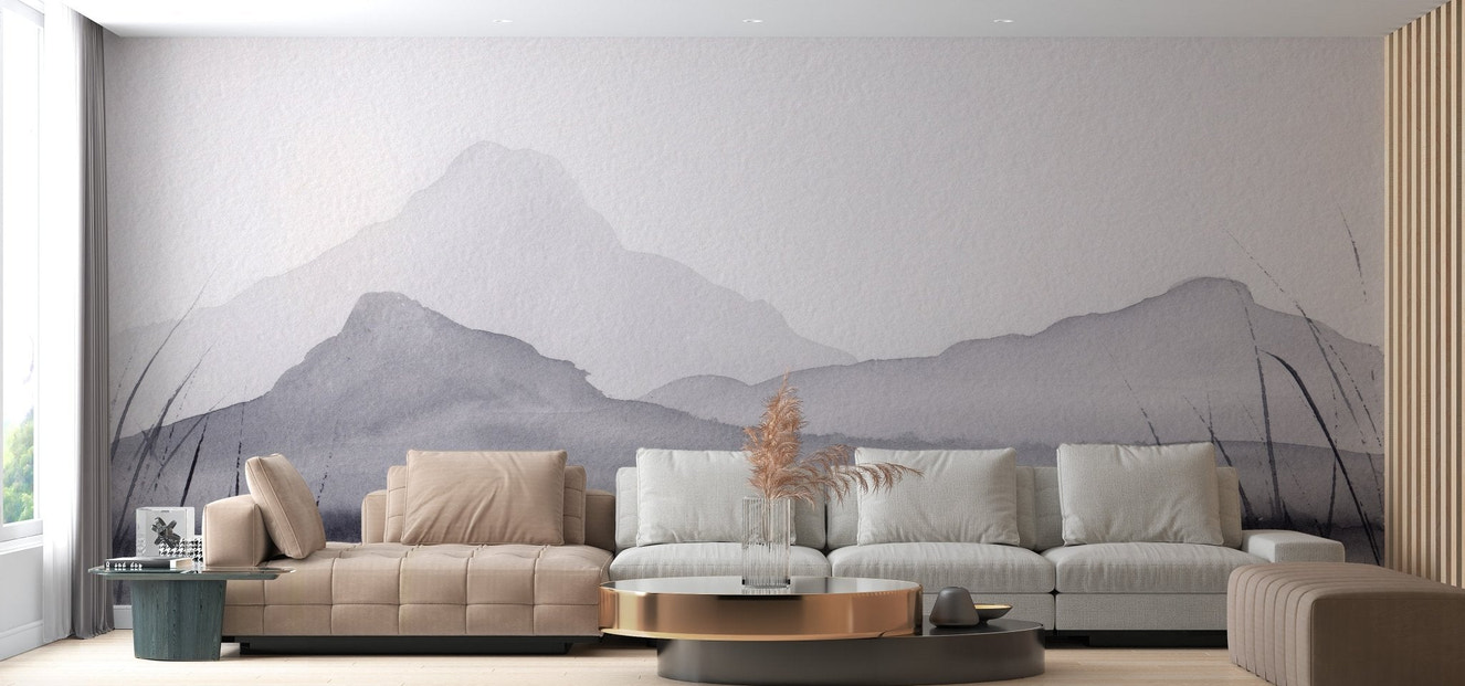 Elegant mountain mural adding depth and charm to living room walls.
