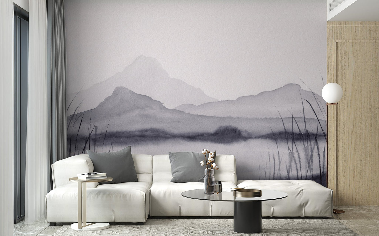 Soft mountain mirage wall mural for stylish and peaceful living room interiors.
