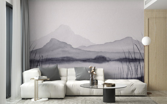 Soft mountain mirage wall mural for stylish and peaceful living room interiors.
