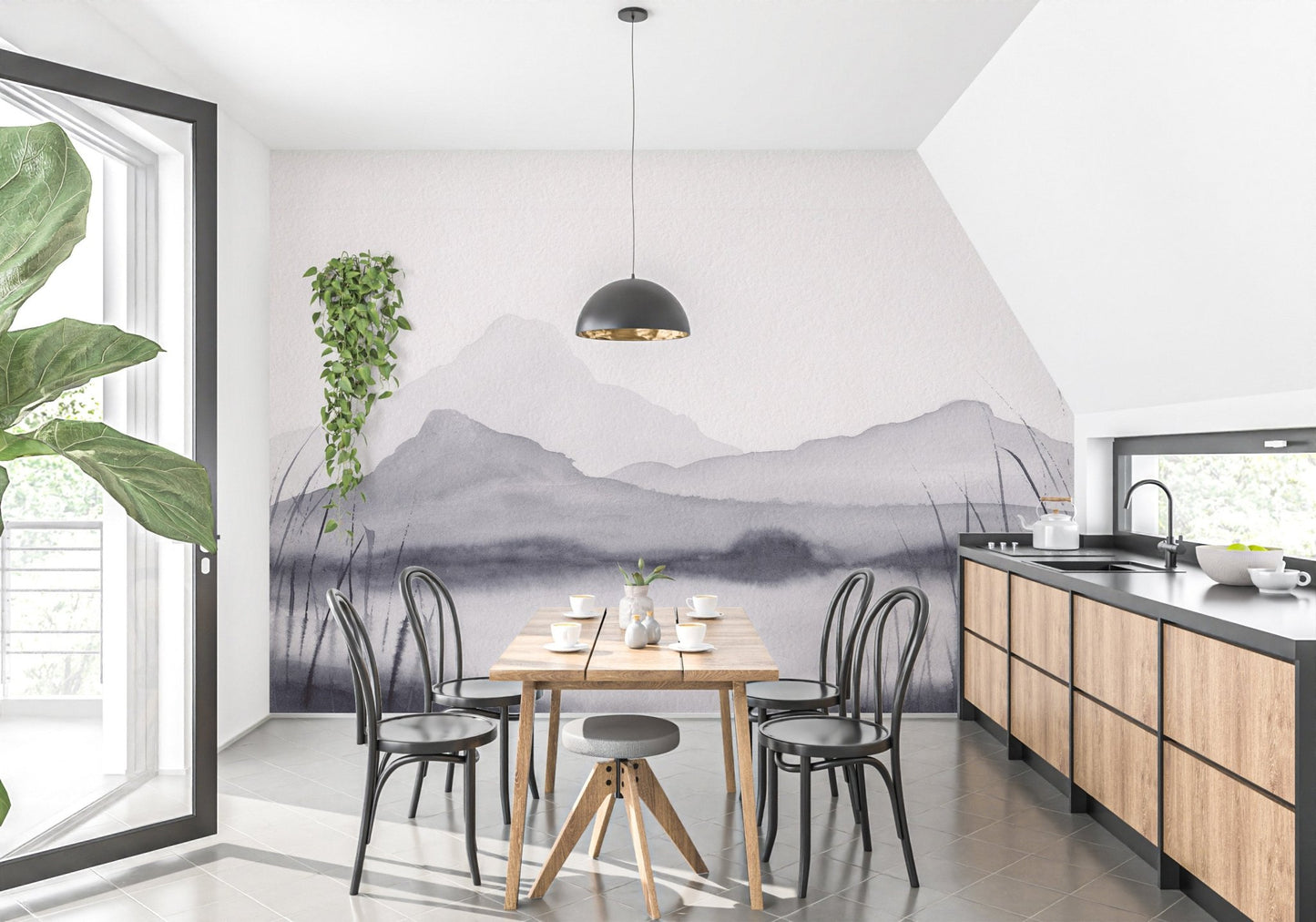 Mystical mountain mirage wall mural with artistic details in dining room.