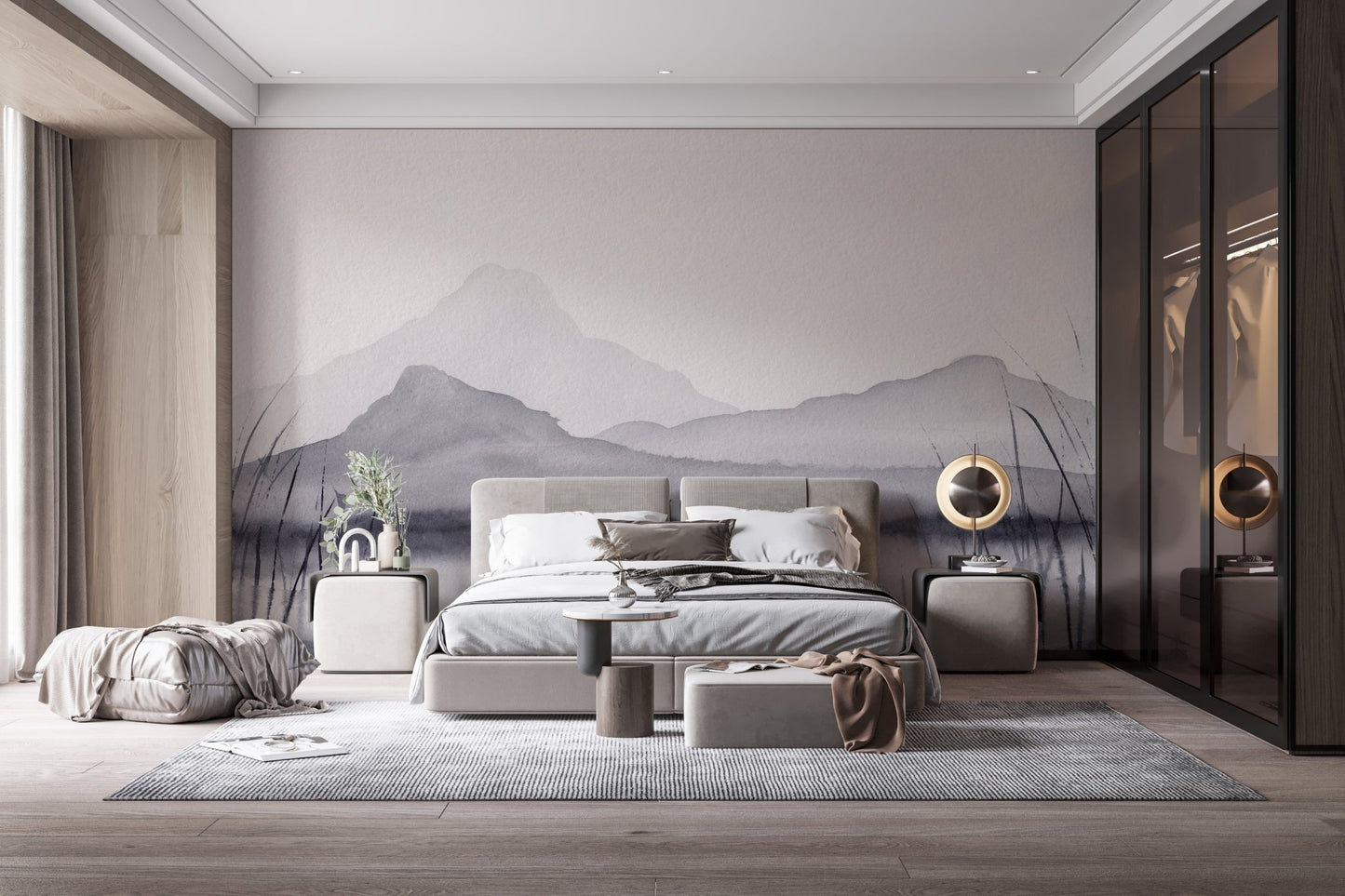 Artistic mountain wall mural with a mesmerizing mirage effect in master bedroom.