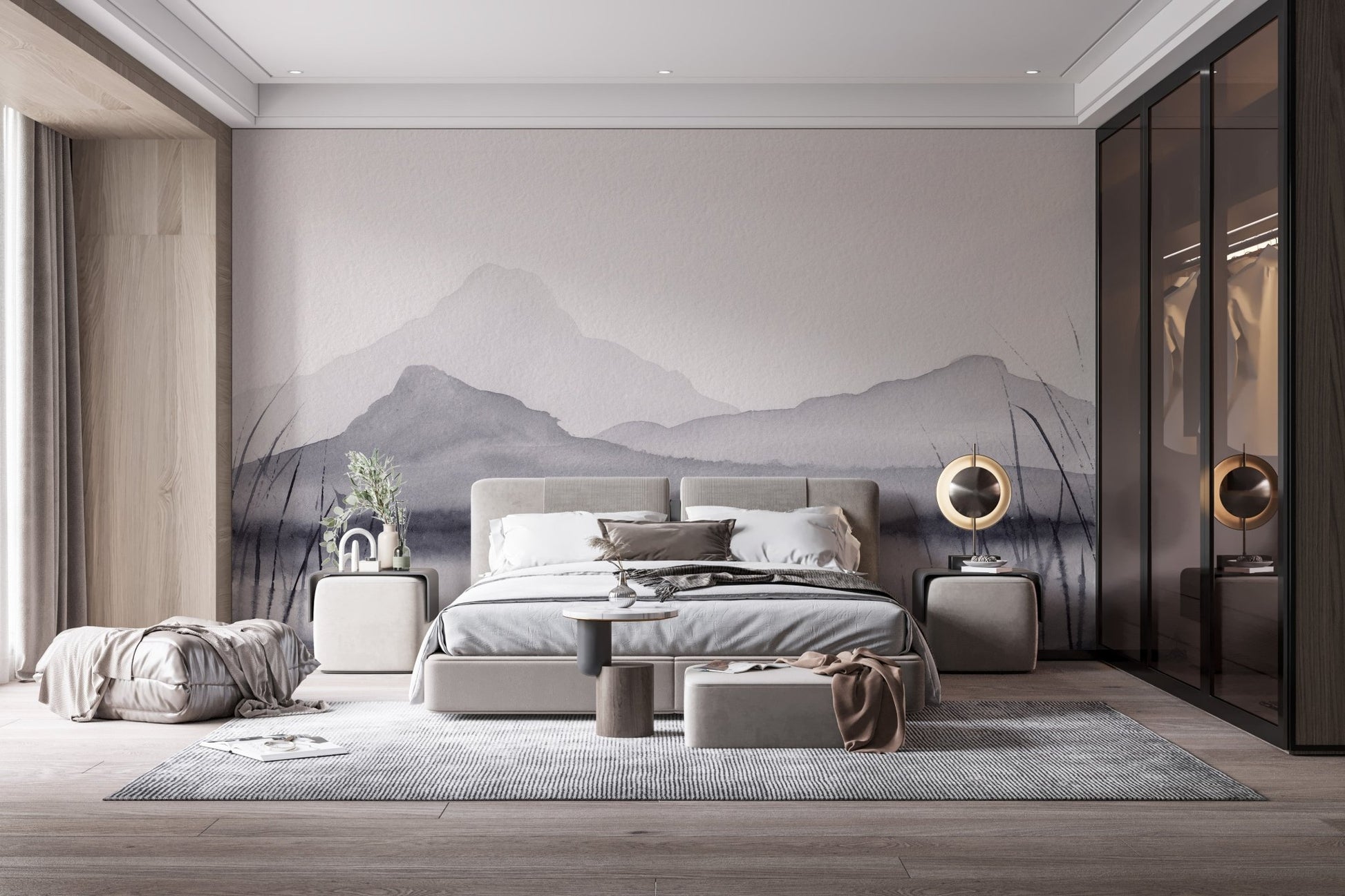Artistic mountain wall mural with a mesmerizing mirage effect in master bedroom.