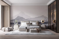 Artistic mountain wall mural with a mesmerizing mirage effect in master bedroom.