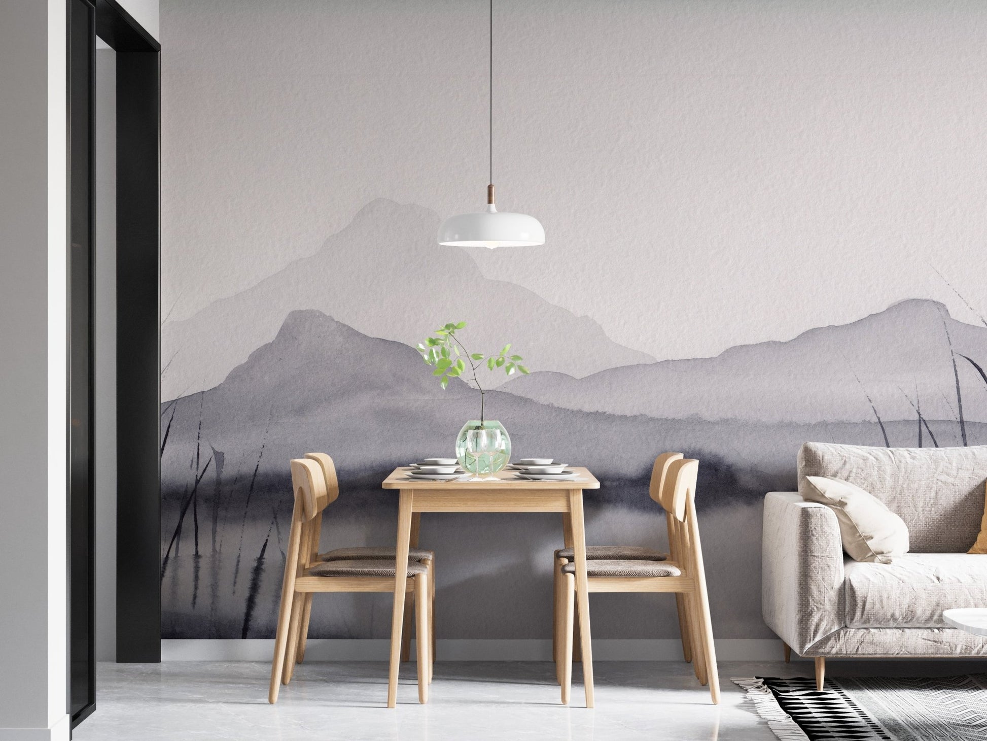 Dreamy mountain mirage mural for dining wall decor.
