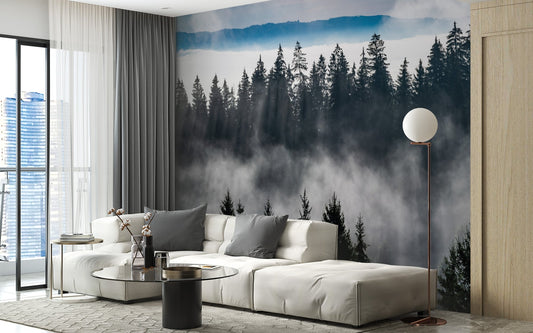 Living room with white sofa and Mountain Mist Landscape Wall Murals.