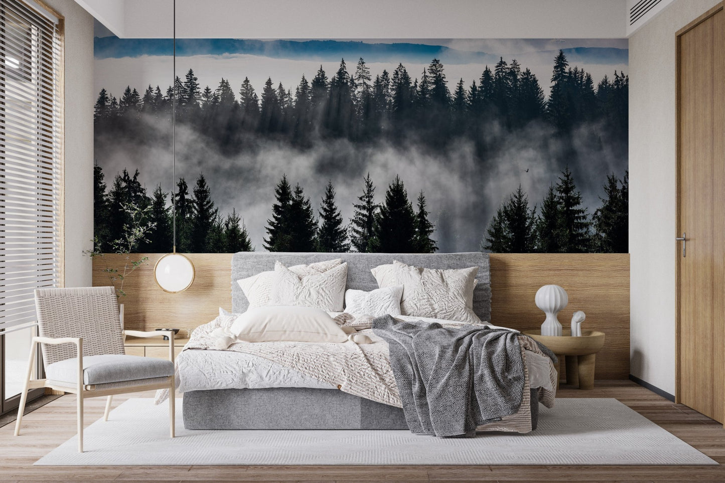 Neutral tone bedroom with Mountain Mist Landscape Wall Murals and soft lighting.