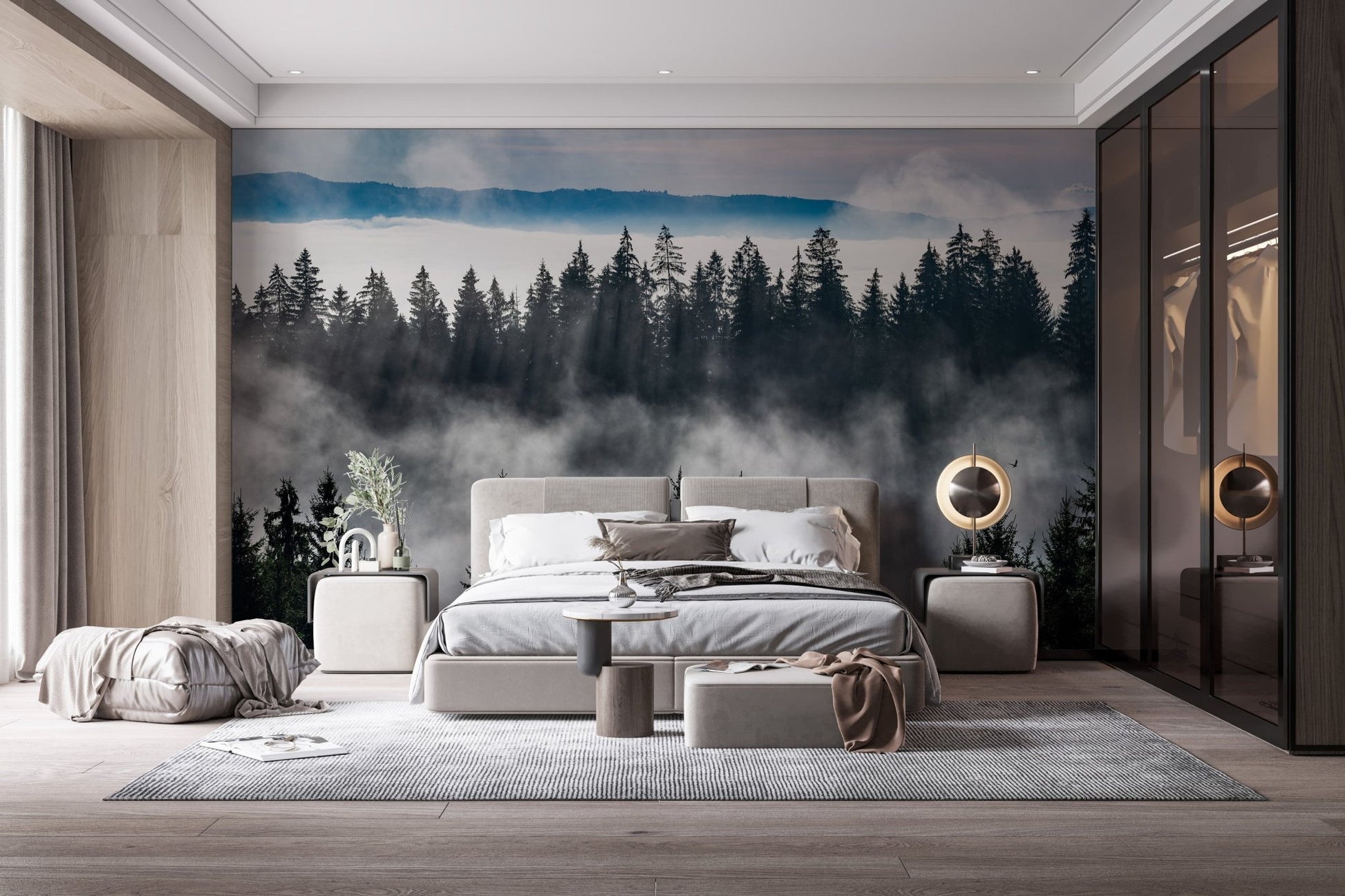 Airy bedroom design with a mountain mist wall mural and natural light.