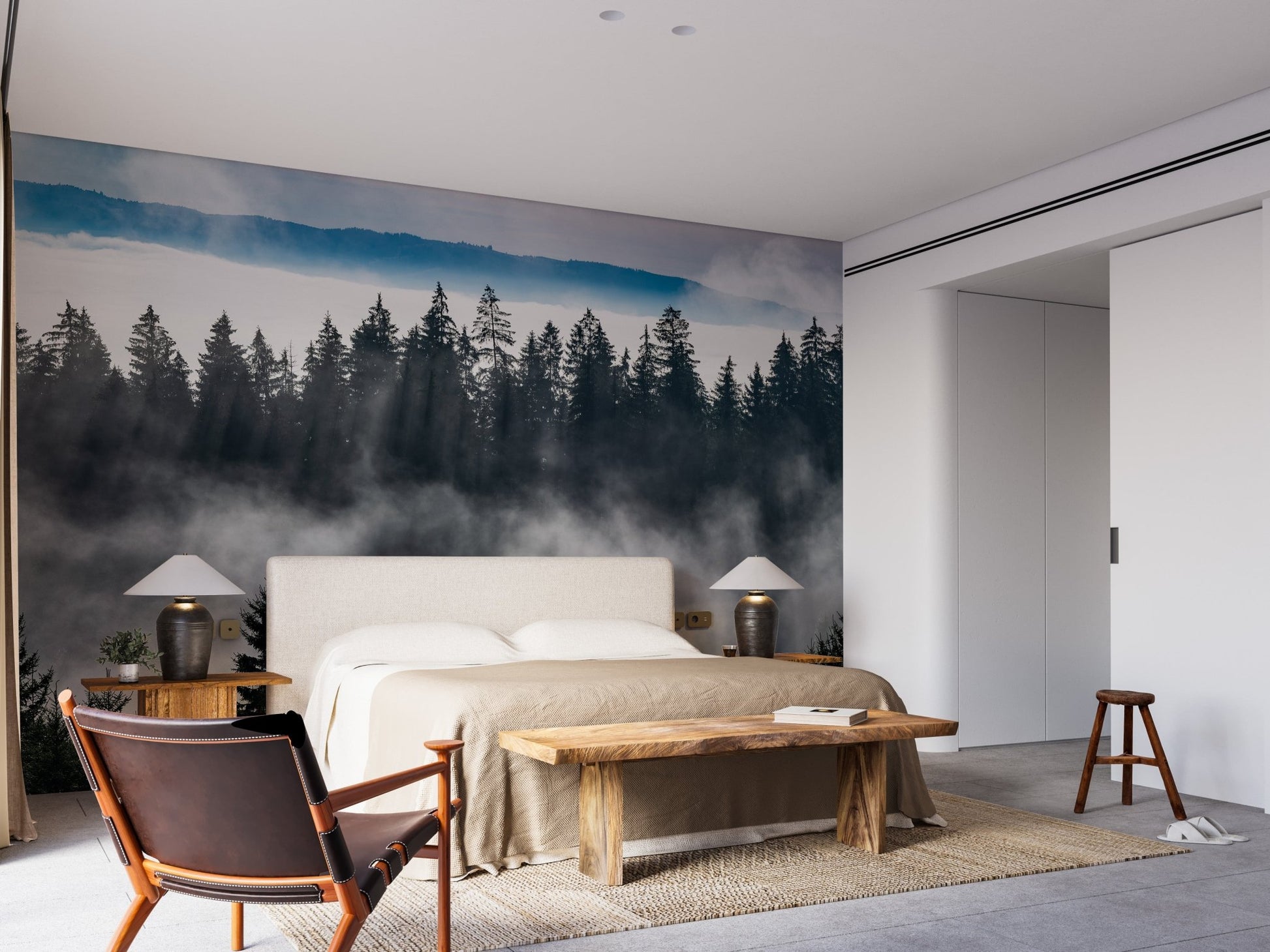 Contemporary bedroom showing a bed with a foggy mountain wall mural headboard.