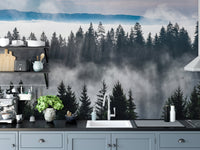 Kitchen backsplash area featuring a monochromatic forest landscape wall mural.