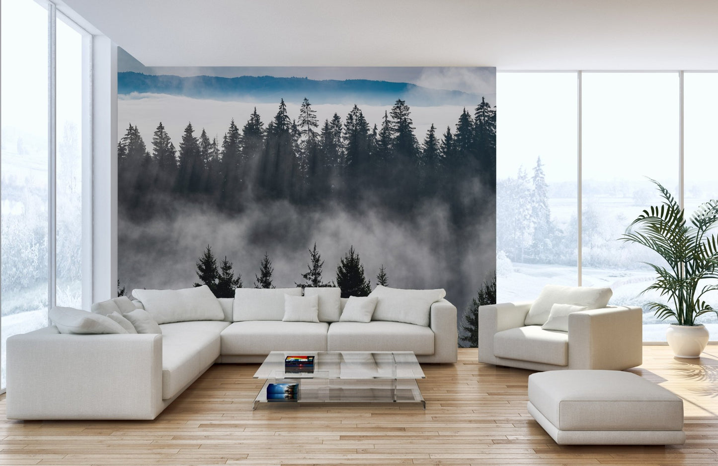 Professional office space with a calm landscape wall mural for focus.