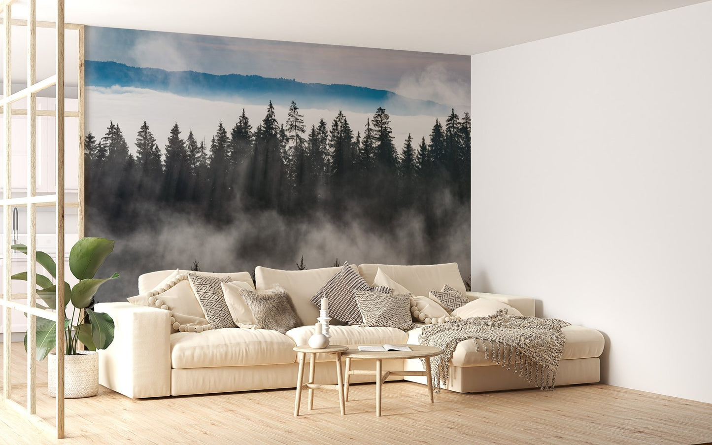 Spacious white living area with floor to ceiling mountain mist wall mural.