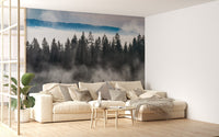 Spacious white living area with floor to ceiling mountain mist wall mural.