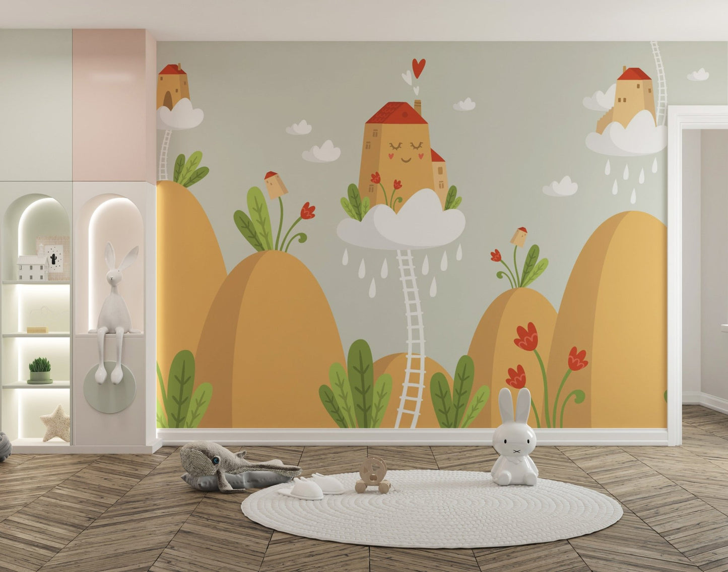Childs bedroom wall mural with tall mountain and a round white rug.