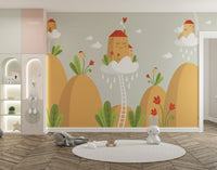 Childs bedroom wall mural with tall mountain and a round white rug.