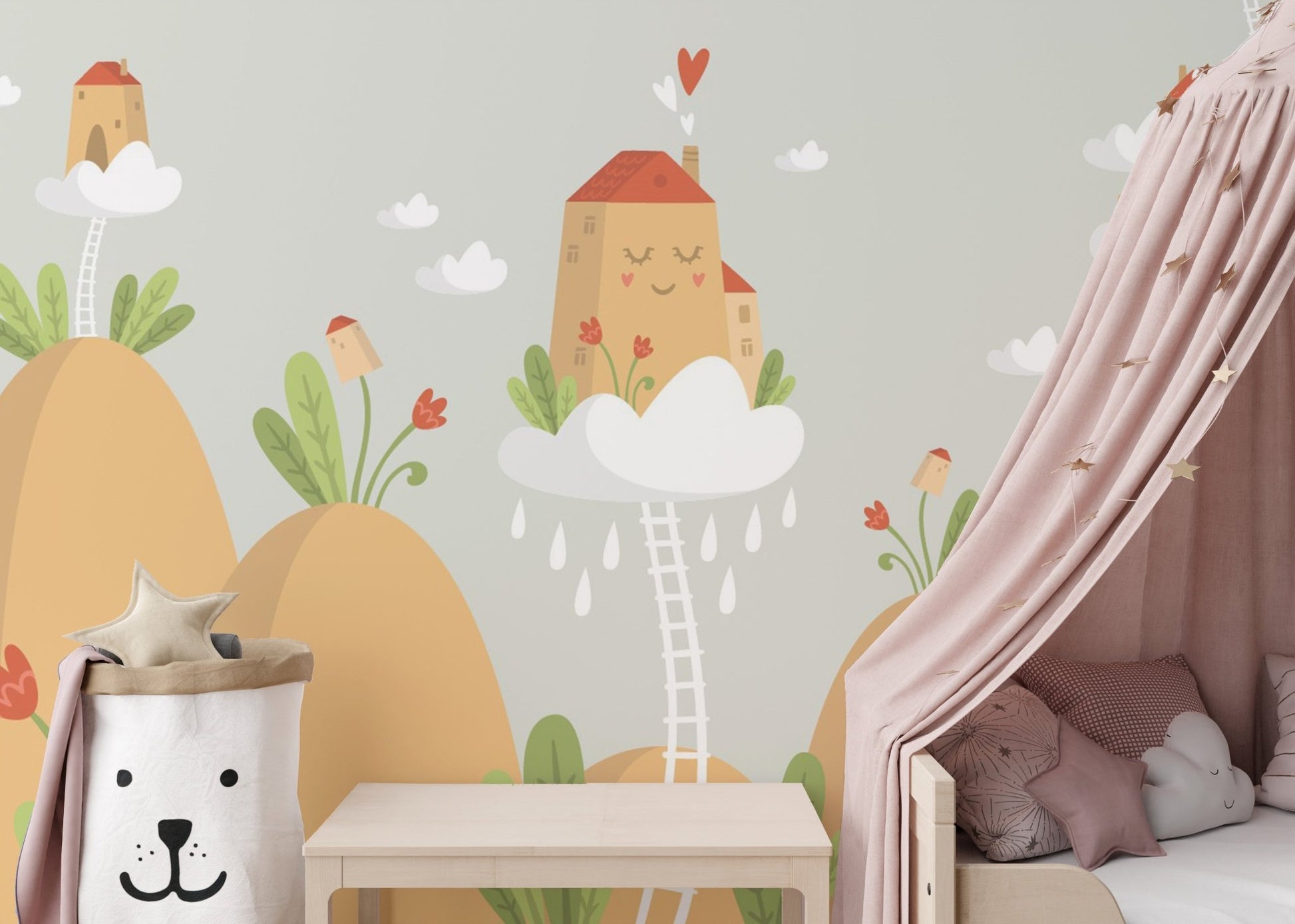 Kids room mountain wall mural paired with a pink canopy bed and bear pillow.