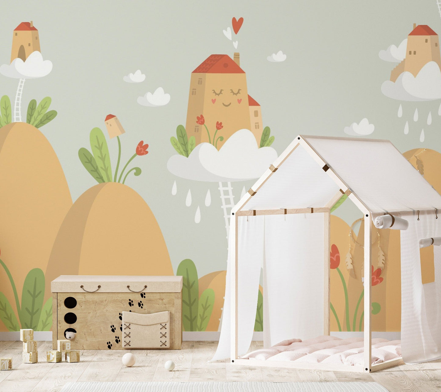 Kids bedroom mountain wall mural with a house shaped bed frame and neutral rug.