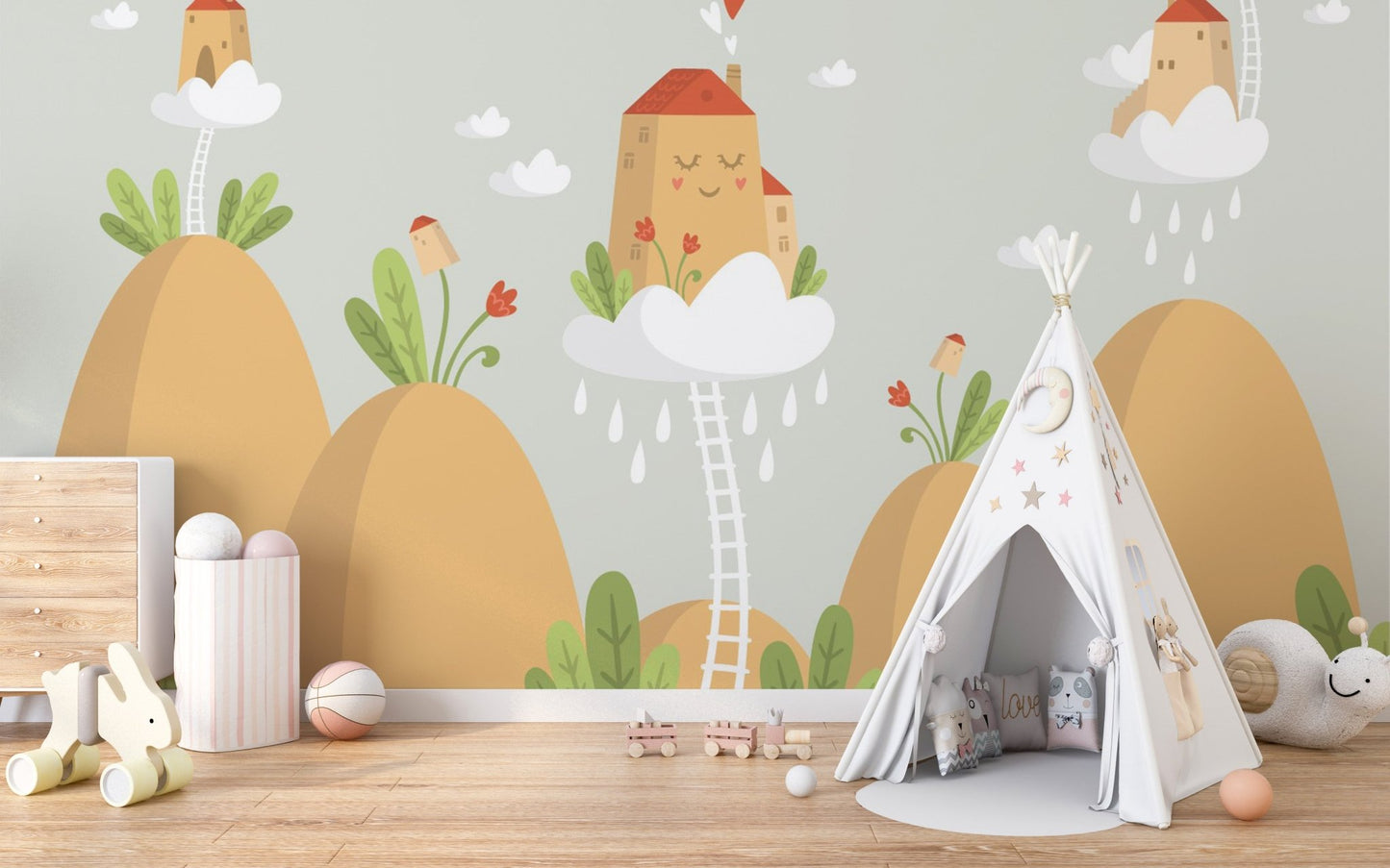 Mountain Residence in Earthy Hues Murals next to a white play teepee.