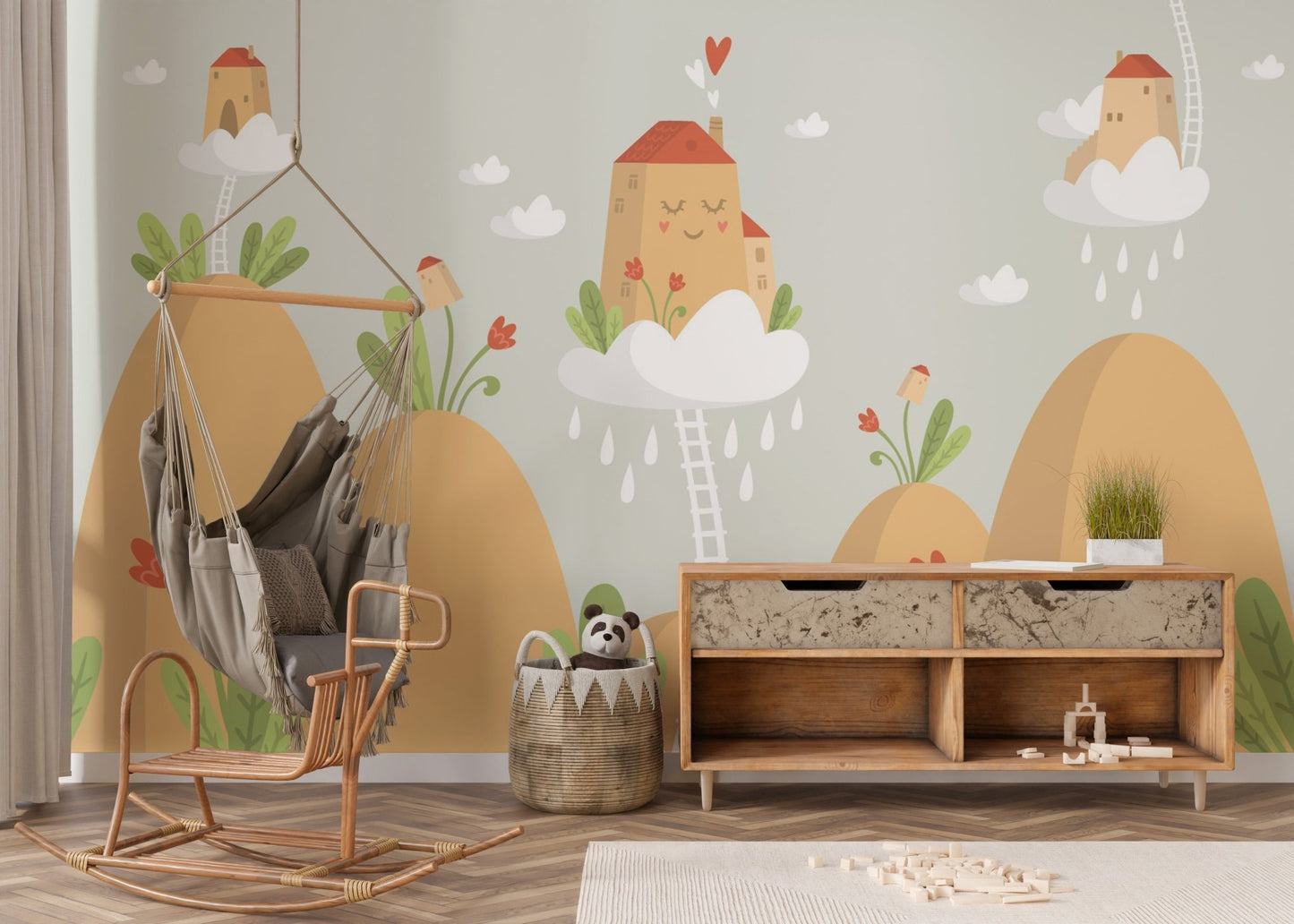 Earthy tone wall mural behind a wooden storage unit and hanging chair.