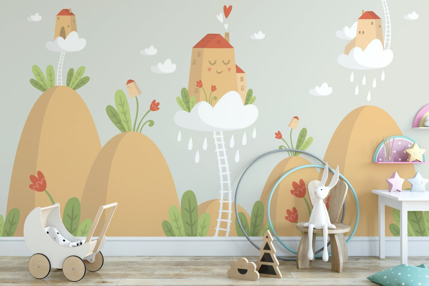 Nursery wall mural showing a white stroller toy and earthy hill patterns.