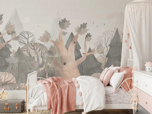 Swan Lake Reverie wallpaper with soft forest illustration